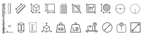 Line icons about length, weight and volume. Contains such icons as ruler, m2, area and more. Editable vector stroke. 