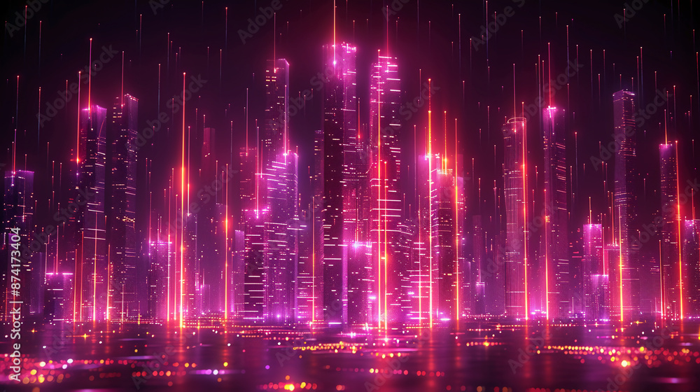 Obraz premium Futuristic Neon Skyline: Geometric Cityscape Reflection Vector