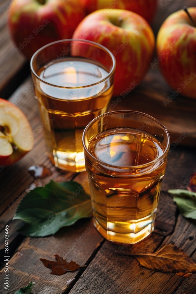 Two glasses filled with apple cider sitting on a wooden table Two glasses filled with apple cider sitting on a wooden table