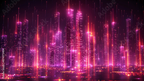 Futuristic Neon Skyline: Geometric Cityscape Reflection Vector © Najmulislam