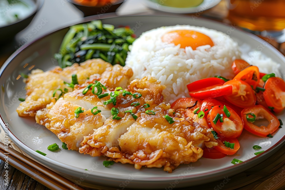 Delicious Asian-Inspired Meal with Fried Chicken, Rice, and Fresh Vegetables Delicious Asian-Inspired Meal with Fried Chicken, Rice, and Fresh Vegetables