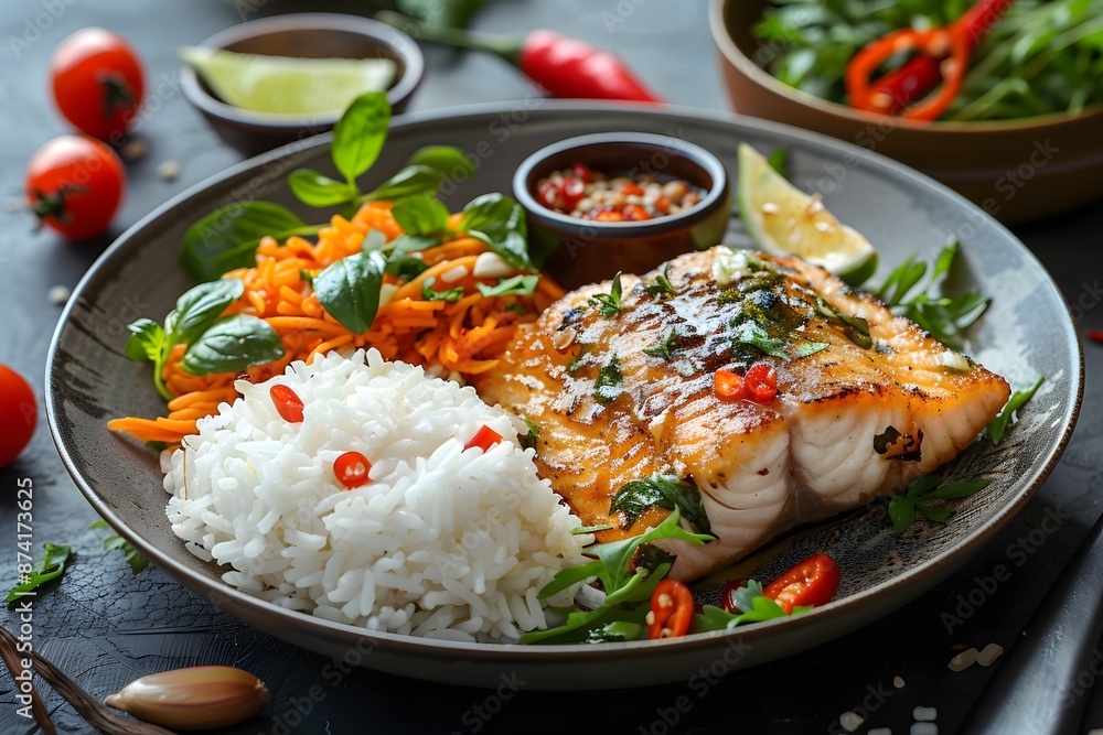Grilled Fish with Rice and Fresh Vegetables Grilled Fish with Rice and Fresh Vegetables