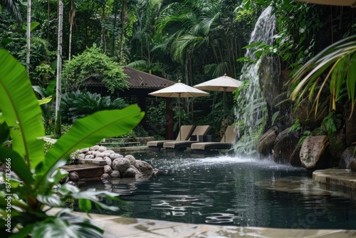 A serene jungle retreat featuring a pool surrounded by lush greenery, lounge chairs, and umbrellas with a cascading waterfall creating a peaceful atmosphere.
