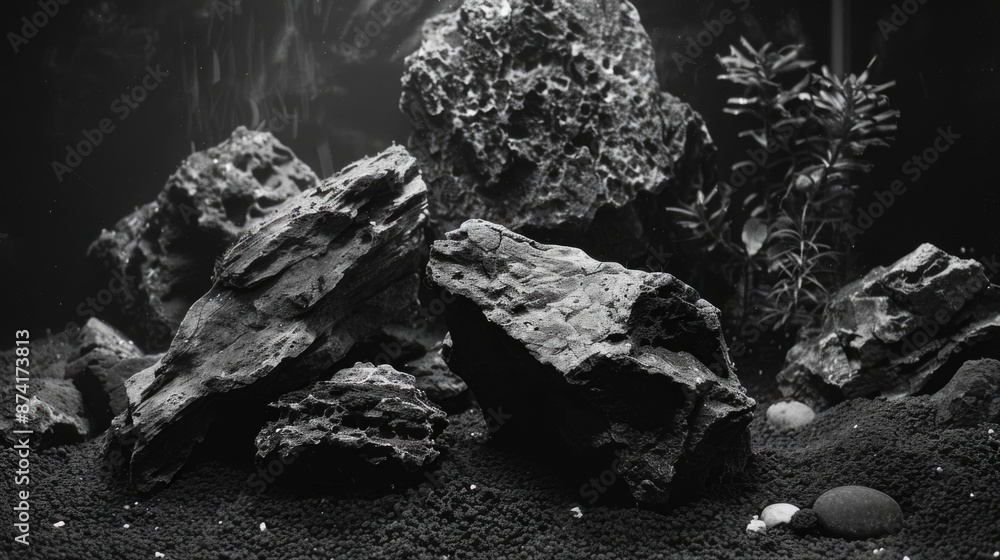 A close-up shot of rocks and plants in monochrome tones A close-up shot of rocks and plants in monochrome tones