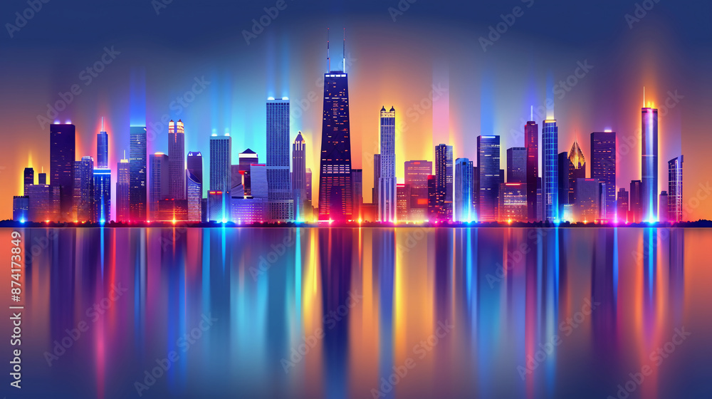 Futuristic Neon Skyline: Geometric Cityscape Reflection Vector Futuristic Neon Skyline: Geometric Cityscape Reflection Vector