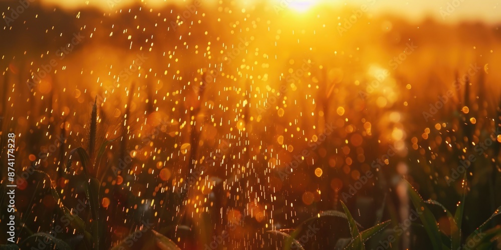 Sun setting over a green meadow with long grass Sun setting over a green meadow with long grass