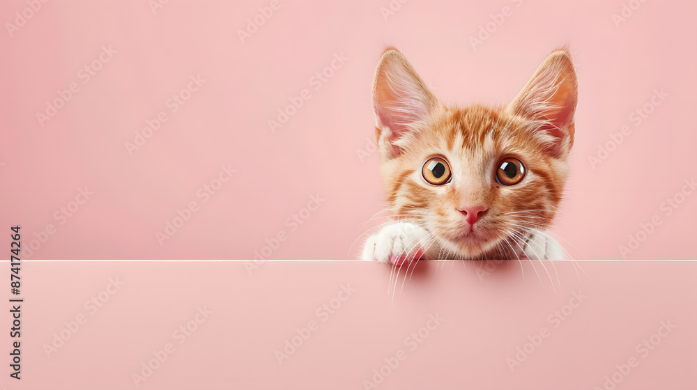 Cute orange tabby kitten cat with a curious expression peeking over a pink wall against a simple studio background with copy space. Cute orange tabby kitten cat with a curious expression peeking over a pink wall against a simple studio background with copy space.