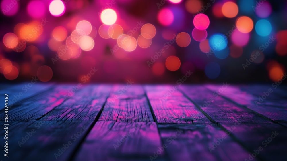 Empty wooden table with colorful bokeh lights in the background Empty wooden table with colorful bokeh lights in the background
