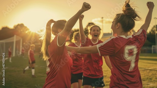 Women's amateur football team celebrating victory. Golden hour, community field background. Captured with Sony A1, 70-200mm f/2.8 lens, wide-angle shot.  photo