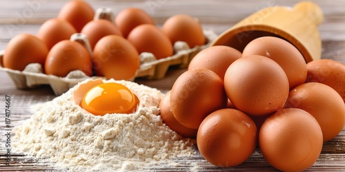 A number of eggs and a mountain of flour topped with egg yolks are on a wooden table photo