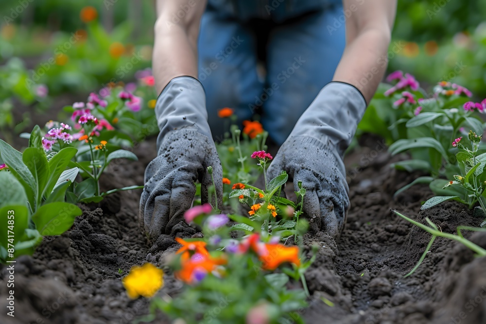 Fototapeta premium Gardener Planting Colorful Flowers in a Vibrant Garden