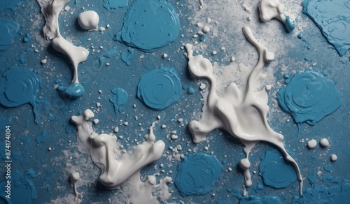 Abstract blue and white paint splatter on textured surface. photo