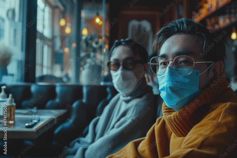 Two men sitting side by side, both wearing face masks Two men sitting side by side, both wearing face masks