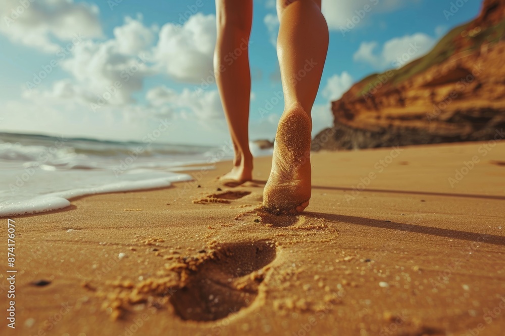Beach travel - woman walking on sand beach leaving footprints in the ...