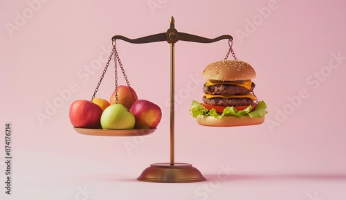 Balanced scale with one side full of fresh fruits and the other filled with burger photo