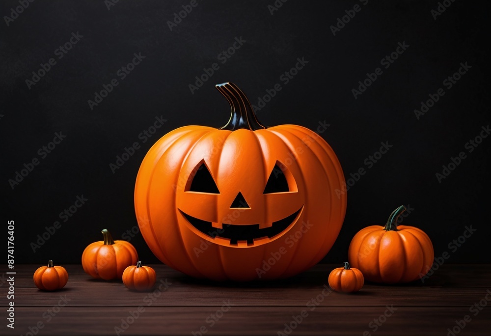 Grinning pumpkin head jack lantern with little pumpkins on black background. Spooky Halloween. Creepy creative holiday background with copy space. Grinning pumpkin head jack lantern with little pumpkins on black background. Spooky Halloween. Creepy creative holiday background with copy space.