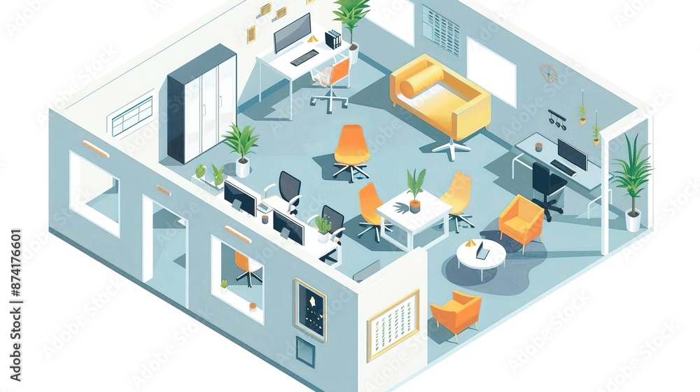 Isometric illustration of a modern office interior with desks, chairs, plants, and a sofa. Isometric illustration of a modern office interior with desks, chairs, plants, and a sofa.