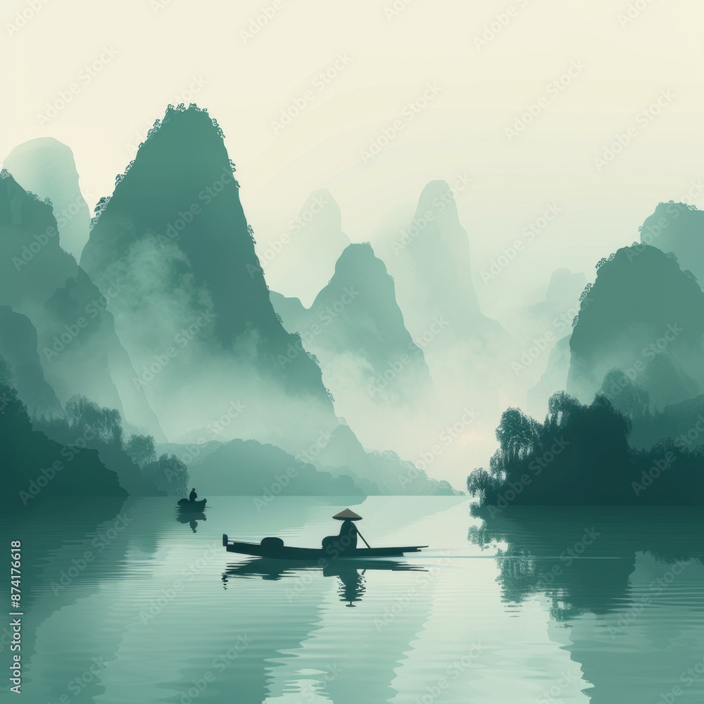 Colorful Minimalist Illustration of Guilin’s Li River