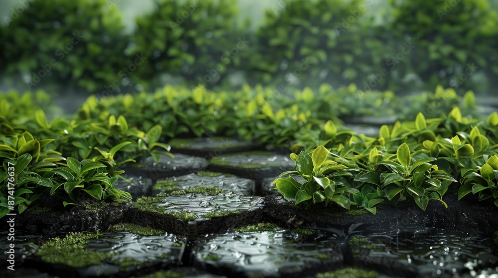 An AI-generated view of a garden with hexagonal hedge arrangements, where a recent rainfall has left the earth wet and dark, contrasting beautifully with the bright green of the plants. An AI-generated view of a garden with hexagonal hedge arrangements, where a recent rainfall has left the earth wet and dark, contrasting beautifully with the bright green of the plants.