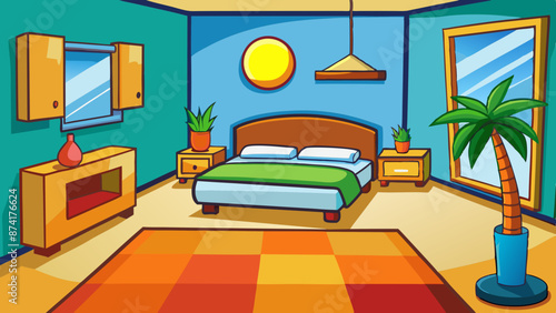 vector cartoon interior of cozy hotel bedroom