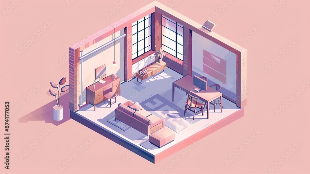 Minimalist, Isometric illustration of an industrial loft with urban styling and raw materials, symbolizing industrial interiors and edgy design, with copy space for text Minimalist, Isometric illustration of an industrial loft with urban styling and raw materials, symbolizing industrial interiors and edgy design, with copy space for text