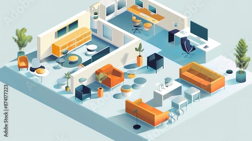 Modern office interior design with furniture and plants. Isometric view.