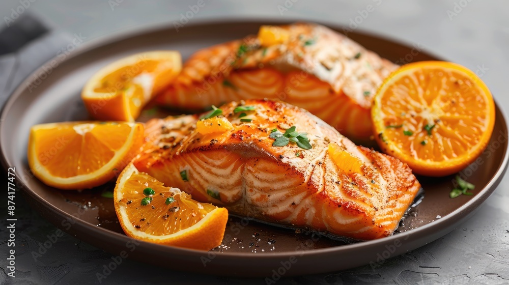 Three new salmon fillets with oranges on a dark plate With a side of lemon With a gray backdrop Three new salmon fillets with oranges on a dark plate With a side of lemon With a gray backdrop