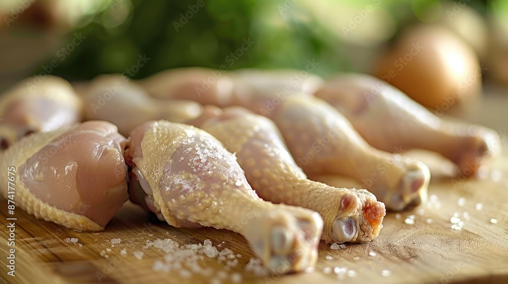 Uncooked chicken drumsticks on a chopping surface Uncooked chicken drumsticks on a chopping surface