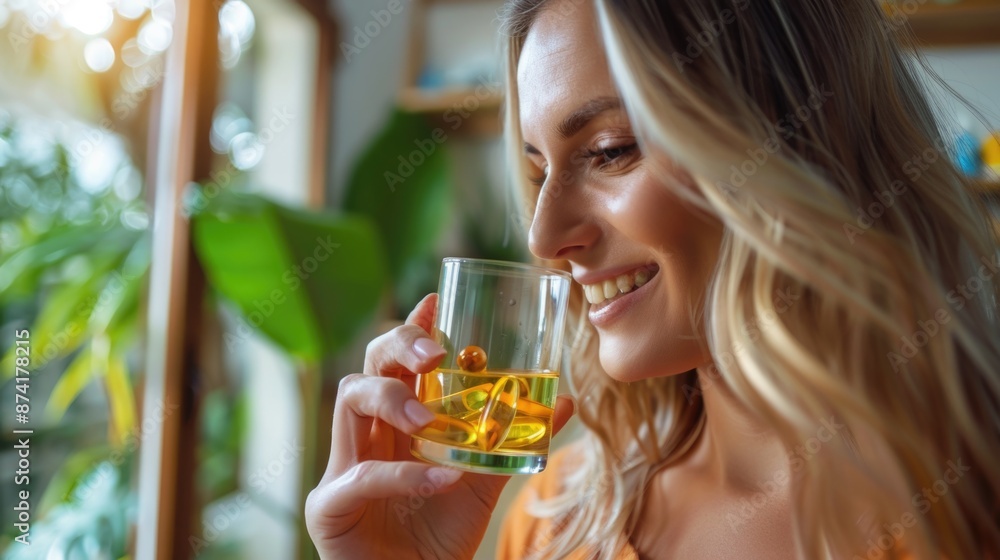 A smiling woman holds a glass of water, perfect for healthcare or wellness-related uses A smiling woman holds a glass of water, perfect for healthcare or wellness-related uses