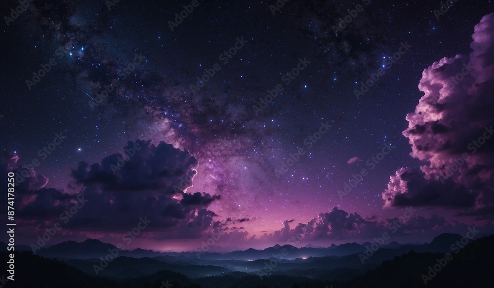 Beautiful night sky with stars and purple clouds landscape. Beautiful night sky with stars and purple clouds landscape.