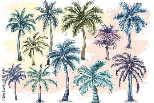 Vibrant Hand-Drawn Palm Trees on Pastel Background © Valentin