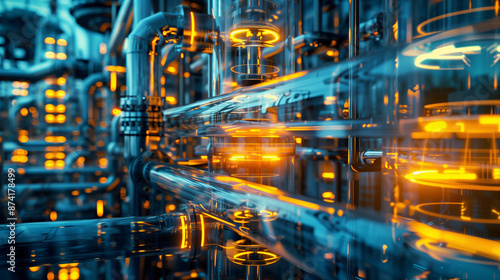 Technological transparent energy shell and tube heat exchanger with futuristic pipes with energy and fuel equipment in oil refinery