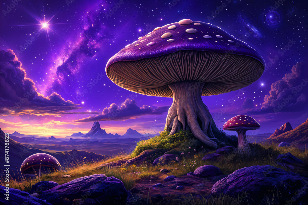 Vibrant digital artwork depicting a fantastical scene with mushrooms and mountains under a starry sky. Vibrant digital artwork depicting a fantastical scene with mushrooms and mountains under a starry sky.