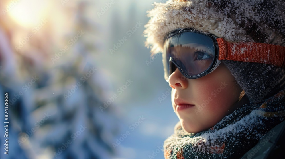 A young child wearing a hat and goggles, perfect for kids at work or play A young child wearing a hat and goggles, perfect for kids at work or play