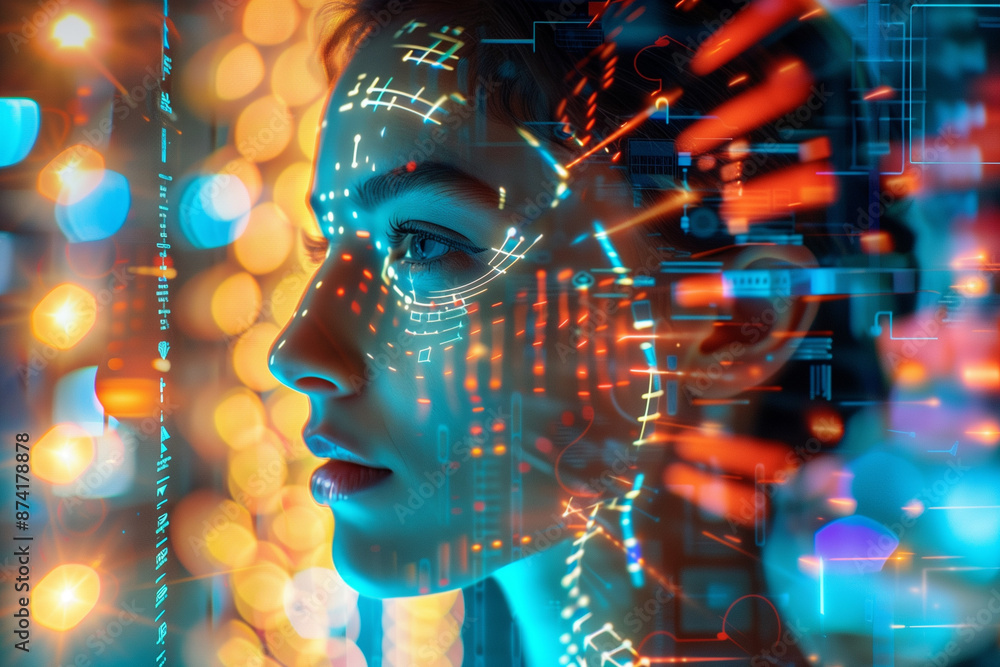 A woman's face on a computer screen with lots of lights and numbers. Futuristic technology concept A woman's face on a computer screen with lots of lights and numbers. Futuristic technology concept