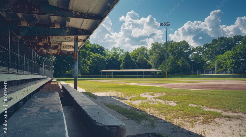 Naklejka premium A deserted baseball field with no players on a sunny day, featuring the empty dugouts and quiet atmosphere of the ballpark.