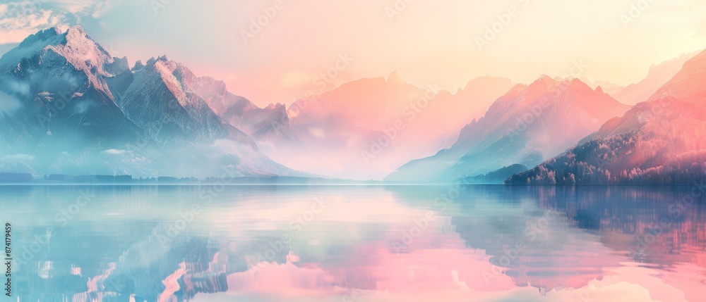 Serene Mountain Landscape with Misty Peaks Reflecting in Tranquil Lake at Sunrise Serene Mountain Landscape with Misty Peaks Reflecting in Tranquil Lake at Sunrise