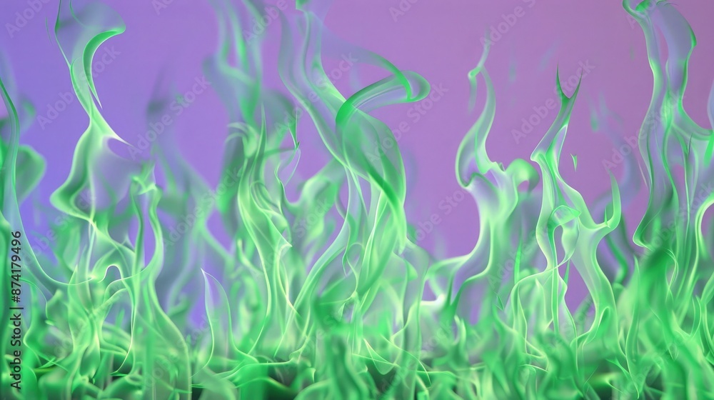 Fototapeta premium An enchanting fire background with emerald green flames, set against a lavender background. The vivid green adds a mystical quality to the scene.