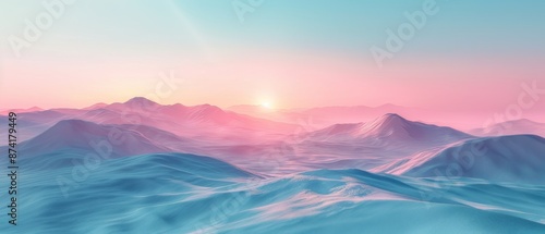 Stunning Sunrise Over Serene Snow-Covered Mountains with Soft Pink and Blue Hues in a Tranquil Winter Landscape #874179449