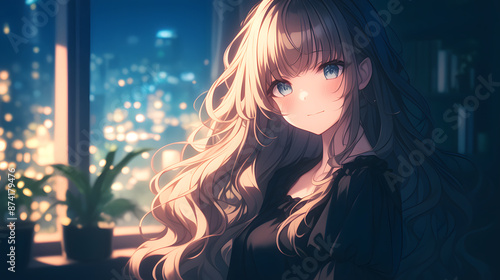Illustration of a Beautiful Anime girl, portrait, looking in camera, long hair, night time, Anime