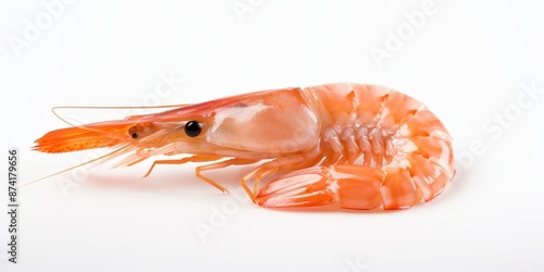 Close-up of a Single Fresh Uncooked Shrimp Isolated on White Background photo