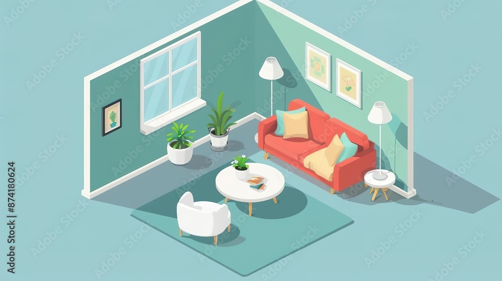 Isometric illustration of a cozy living room with a sofa, armchair, coffee table, plants, and lamps. Isometric illustration of a cozy living room with a sofa, armchair, coffee table, plants, and lamps.