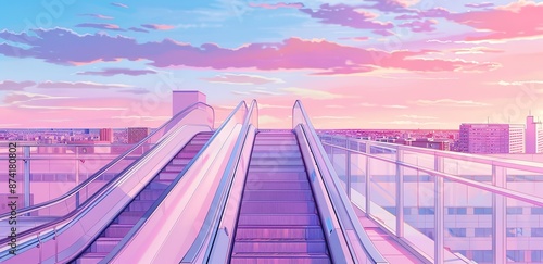 An escalator staircase on a glass rooftop is exposed to purple light against a blue and orange sky background