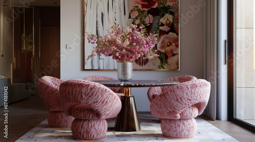 Interior of dining room with flowers. Round table and chairs. Design trends 2024 