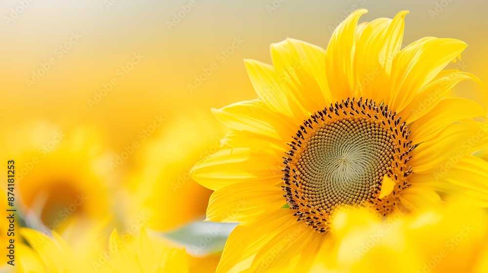 Obraz premium Close-up of vibrant yellow sunflower in bloom with soft focus background, capturing the beauty and essence of summer.