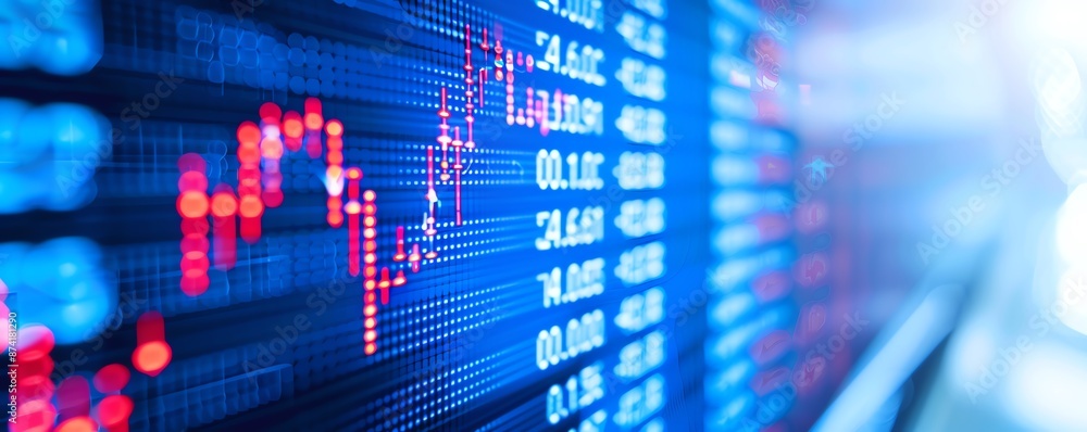 Close-up view of stock market data on a digital display showcasing stock prices and financial graphs with blue and red colors. Close-up view of stock market data on a digital display showcasing stock prices and financial graphs with blue and red colors.