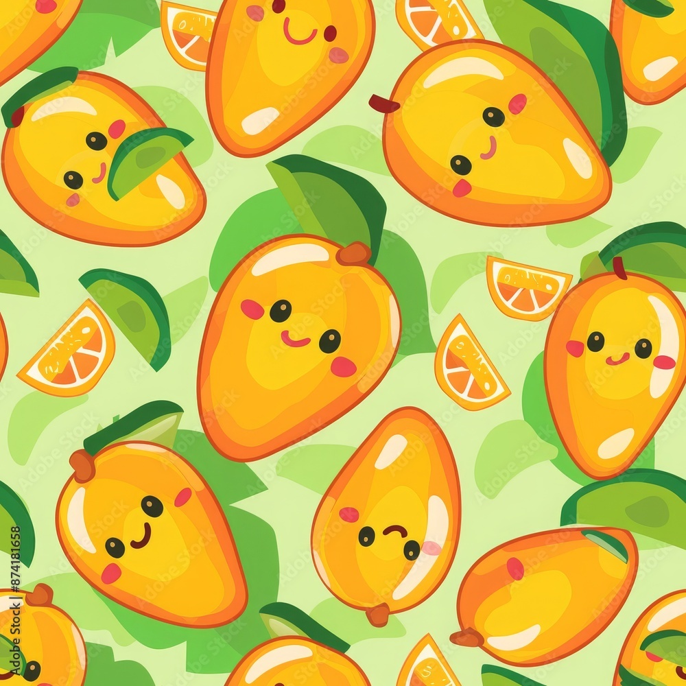 mangoes on beautiful refreshing background, kawaii style, high details, seamless pattern