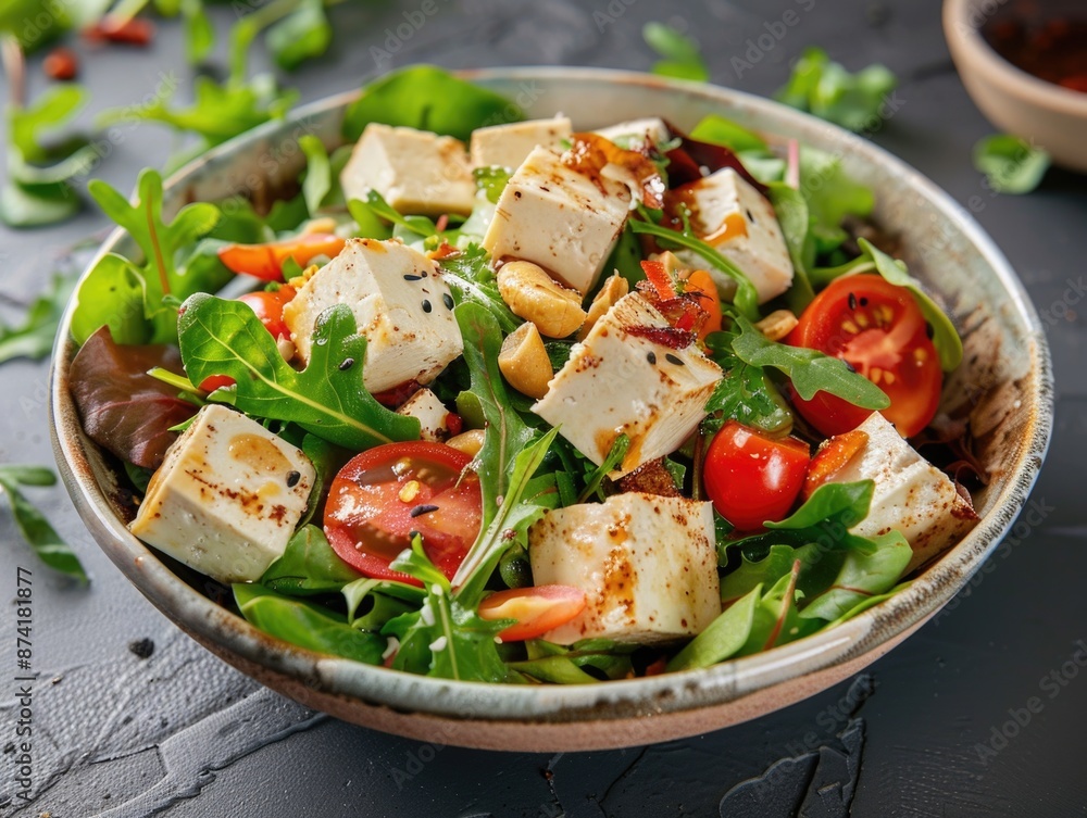 Fresh vegetables and tofu in a bowl, perfect for a healthy snack or meal Fresh vegetables and tofu in a bowl, perfect for a healthy snack or meal