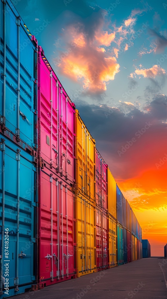 Fototapeta premium Colorful shipping containers at sunset