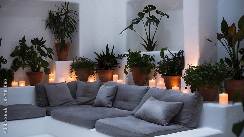 Plants and carpet in white living room interior with candles next to grey couch Plants and carpet in white living room interior with candles next to grey couch